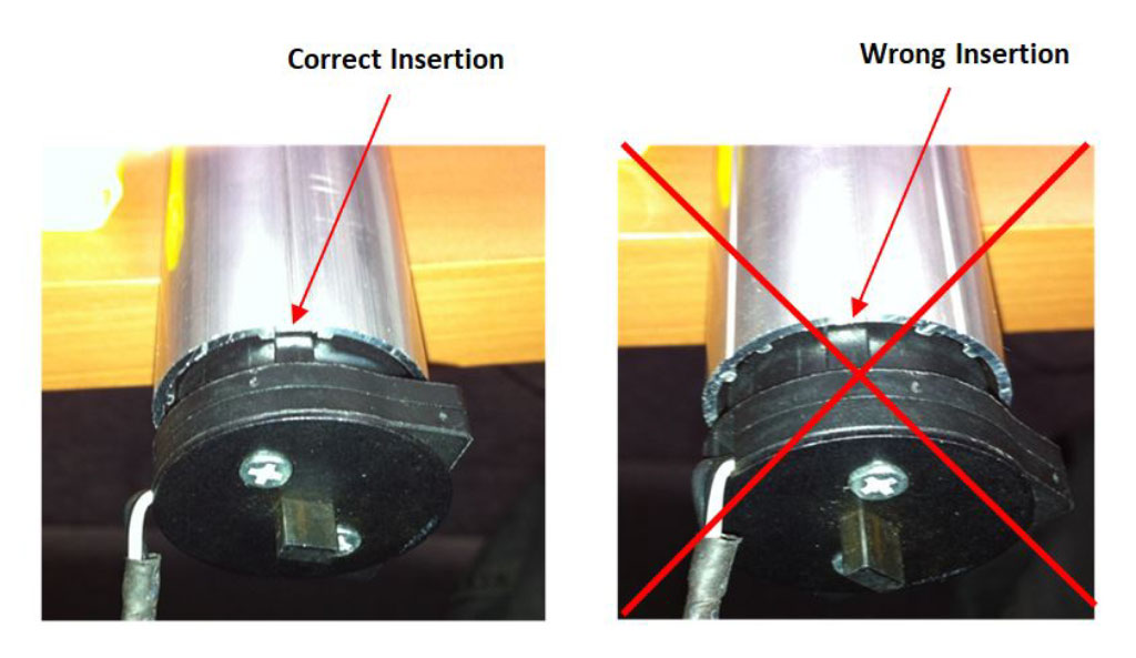 Inserción correcta e incorrecta del motor en el tubo de aluminio